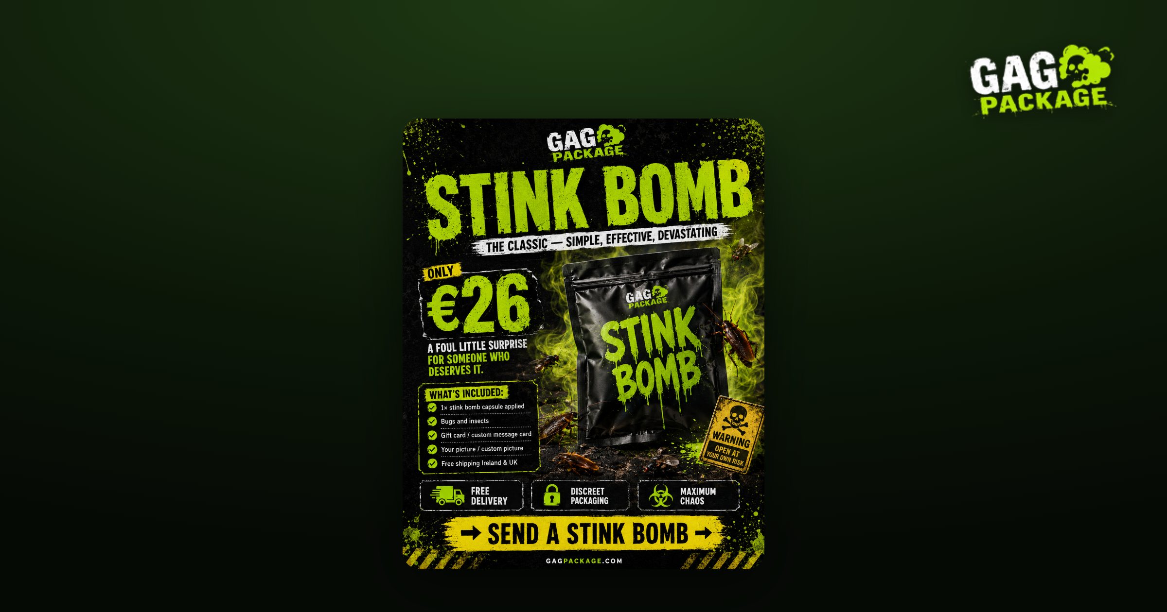 Stink Bomb anonymous prank gift from Gag Package, delivered by post across Ireland and the UK